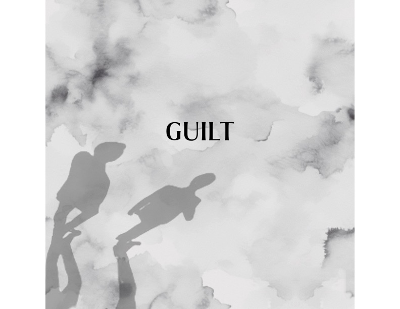 GUILT title over a gray watercolor field with the shadows of basketball players